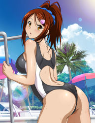 Rule 34 | 1girl, arched back, ass, bachou mouki, bare arms, black one-piece swimsuit, blue scrunchie, blue sky, blush, breasts, brown eyes, brown hair, cloud, competition swimsuit, cowboy shot, day, hair ornament, hair scrunchie, hairclip, high ponytail, ikkitousen, large breasts, lens flare, long hair, one-piece swimsuit, open mouth, outdoors, parasol, pool ladder, scrunchie, shiny skin, shoulder blades, sky, solo, standing, swept bangs, swimsuit, umbrella