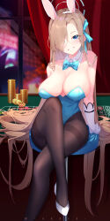 Rule 34 | 1girl, absurdres, akovo, animal ears, arms at sides, arms behind back, artist name, asuna (blue archive), asuna (bunny) (blue archive), bare shoulders, black pantyhose, blue archive, blue bow, blue bowtie, blue eyes, blue leotard, blue ribbon, blurry, blurry background, bow, bowtie, breasts, brown hair, casino card table, cleavage, crossed legs, detached collar, fake animal ears, forehead, full body, gloves, grin, hair ornament, hair over one eye, hair ribbon, halo, highleg, highleg leotard, highres, indoors, large breasts, leotard, long bangs, long hair, looking at viewer, mole, mole on breast, official alternate costume, pantyhose, playboy bunny, poker chip, red curtains, ribbon, sagging breasts, sitting, smile, solo, strapless, strapless leotard, table, thighs, very long hair, white footwear, white gloves