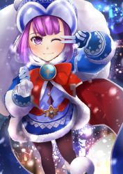 Rule 34 | 1girl, ankh, badge, beanie, black pantyhose, blue coat, blue dress, blue footwear, blue gloves, blue hat, boots, bow, breasts, closed mouth, coat, dress, fate/grand order, fate/grand order arcade, fate (series), fur-trimmed coat, fur-trimmed dress, fur trim, gloves, hat, helena blavatsky (christmas) (fate), helena blavatsky (fate), highres, kuro yanagi, large bow, long sleeves, looking at viewer, one eye closed, pantyhose, purple eyes, purple hair, red bow, sack, short hair, small breasts, smile, snowing, solo, v
