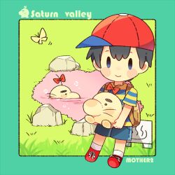 Rule 34 | 0mzum1, 1boy, backpack, bag, baseball cap, black hair, blue eyes, blue shirt, blue shorts, blush, border, bow, brown bag, bubble, bug, butterfly, closed mouth, commentary request, copyright name, doseisan, grass, green border, hair between eyes, hat, holding, insect, male focus, mother (game), mother 2, ness (mother 2), nintendo, onsen symbol, outside border, partially submerged, red bow, red footwear, red headwear, rock, shirt, shoes, short hair, short sleeves, shorts, sideways hat, sign, smile, socks, striped clothes, striped shirt, t-shirt, two-tone shirt, white socks, yellow butterfly, yellow shirt