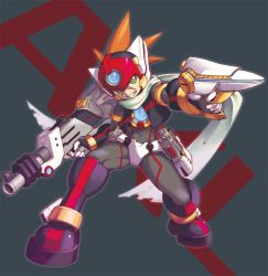 Rule 34 | 1boy, android, axl (mega man), capcom, character name, degarashi (ponkotsu), dual wielding, full body, green eyes, grey background, grin, gun, helmet, holding, holding weapon, male focus, mega man (series), mega man x (series), mega man zero (series), scar, scarf, simple background, smile, solo, spiked hair, standing, weapon