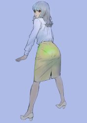 Rule 34 | 1girl, ass, blouse, blue background, from behind, high heels, invisible table, leaning, long hair, looking back, medium skirt, original, pantylines, peco (pockleberry), pencil skirt, pumps, red eyes, shirt, silver hair, skirt, solo, wavy hair