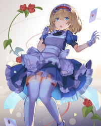 Rule 34 | 1girl, alice (alice in wonderland), alice (alice in wonderland) (cosplay), alice in wonderland, alice margatroid, alternate costume, apron, ascot, backlighting, black ribbon, blonde hair, bloomers, blue dress, blue eyes, blue skirt, blush, bow, breasts, card, commentary request, cosplay, dress, eyes visible through hair, falken (yutozin), flower, frills, garter straps, gloves, hairband, highres, knees together feet apart, lingerie, lolita hairband, looking at viewer, mary janes, medium breasts, open mouth, plant, playing card, puffy short sleeves, puffy sleeves, red flower, red rose, ribbon, rose, sash, shoes, short hair, short sleeves, skirt, solo, standing, thighhighs, touhou, underwear, white gloves, white thighhighs
