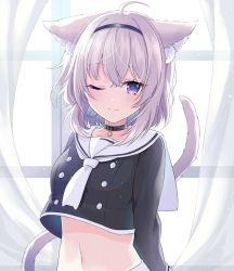 Rule 34 | 1girl, animal ear fluff, animal ears, arms behind back, black collar, black hairband, black shirt, buttons, cat ears, cat girl, cat tail, closed mouth, collar, commentary request, crop top, curtains, dot nose, hairband, hakazenanato, hololive, light purple hair, long sleeves, looking at viewer, medium hair, midriff, navel, necktie, nekomata okayu, nekomata okayu (casual), one eye closed, purple eyes, sailor collar, sailor shirt, shirt, smile, solo, stomach, tail, upper body, virtual youtuber, white necktie, window