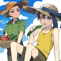 Rule 34 | 2boys, arm support, basket, blue sky, brown hair, carrying, cloud, cucumber, dated, day, eating, fudou akio, dreadlocks, hat, inazuma eleven, inazuma eleven (series), kidou yuuto, male focus, multiple boys, open mouth, outdoors, saku anna, sitting, sky, sun hat, tomato