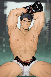 Rule 34 | 1boy, abs, absurdres, alternate muscle size, animal ears, armpits, arms up, bara, black hair, boxing gloves, cross-laced clothes, cross-laced legwear, cross scar, dog ears, ear piercing, feet out of frame, genshin impact, gluteal fold, grey hair, hair between eyes, highres, katto8452, large pectorals, looking at viewer, male focus, male pubic hair, muscular, muscular male, navel, nipples, open clothes, open shorts, paid reward available, pectorals, piercing, pubic hair, pubic hair peek, scar, shiny clothes, short hair, shorts, solo, spread legs, stomach, thick eyebrows, thick thighs, thighs, too many, too many scars, topless male, wriothesley (genshin impact)