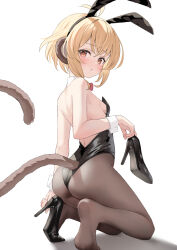 Rule 34 | 1girl, :t, adjusting footwear, ahoge, alternate costume, andira (granblue fantasy), animal ears, ass, back, backless leotard, bare arms, bare back, bare shoulders, black footwear, black leotard, black pantyhose, blonde hair, blush, bow, bowtie, breasts, brown pantyhose, closed mouth, commentary, detached collar, fake animal ears, feet, from behind, granblue fantasy, high heels, highleg, highleg leotard, highres, holding, holding shoes, kimblee, kneeling, leotard, looking at viewer, monkey ears, monkey tail, orange eyes, pantyhose, playboy bunny, pout, rabbit ears, raised eyebrows, red bow, red bowtie, shoes, short hair, sideboob, simple background, single shoe, small breasts, soles, solo, strapless, strapless leotard, tail, unworn shoe, unworn shoes, white background, white wrist cuffs, wrist cuffs