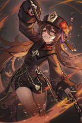Rule 34 | 1girl, brown hair, f.k (hs225kr), fire, genshin impact, hat, highres, hu tao (genshin impact), jewelry, long sleeves, nail polish, polearm, red eyes, ring, short shorts, shorts, smile, solo, symbol-shaped pupils, teeth, thighs, top hat, twintails, weapon, wide sleeves
