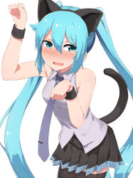 Rule 34 | 1girl, abmayo, animal ears, aqua eyes, aqua hair, arm up, bare shoulders, black skirt, black thighhighs, blush, breasts, cat ears, cat tail, collared shirt, commentary request, embarrassed, fake animal ears, fang, hair between eyes, hatsune miku, highres, leaning forward, long hair, looking at viewer, medium breasts, necktie, open mouth, pleated skirt, shirt, simple background, skirt, sleeveless, sleeveless shirt, solo, standing, tail, thighhighs, twintails, very long hair, vocaloid, white background, wristband