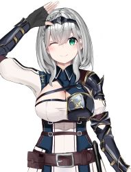 Rule 34 | 1girl, absurdres, arm up, armor, belt, belt buckle, black armor, black gloves, black headwear, blue collar, blush, braid, breastplate, breasts, buckle, buttons, circlet, cleavage, cleavage cutout, closed mouth, clothing cutout, collar, fingerless gloves, gloves, gold trim, green eyes, hair between eyes, highres, hololive, large breasts, medium hair, mole, mole on breast, o-ring, one eye closed, salute, shirogane noel, shirogane noel (1st costume), shoulder armor, smile, solo, sounuryu ta, utility belt, virtual youtuber, white background, white hair, wrist guards