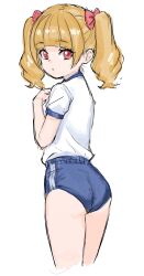 Rule 34 | 1girl, ass, bad id, bad twitter id, blonde hair, blue buruma, buruma, character request, from behind, go! princess precure, grey background, gym uniform, hand on own chest, highres, kuppipi ramutarou, long hair, looking at viewer, looking back, precure, red eyes, ribbon, shirt, short sleeves, simple background, sketch, solo, thighs, twintails, white shirt