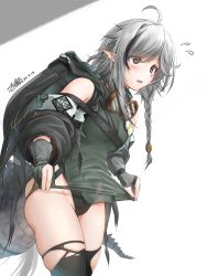 Rule 34 | 1girl, ahoge, arknights, backpack, bag, bare shoulders, black hair, black leotard, black thighhighs, blush, braid, brown eyes, crocodilian tail, dated, dress, flower, flying sweatdrops, gloves, goggles, goggles around neck, green dress, grey gloves, highres, large tail, leotard, leotard under clothes, long hair, long sleeves, looking down, multicolored hair, off shoulder, open mouth, partially fingerless gloves, pointy ears, short dress, side braid, signature, silver hair, skindentation, skirt hold, solo, streaked hair, tail, thighhighs, tomimi (arknights), torn clothes, torn dress, torn thighhighs, two-tone hair, white flower, yukinoshiro