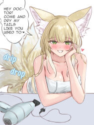 Rule 34 | 1girl, absurdres, aged up, alternate language, animal ear fluff, animal ears, arknights, bare arms, bare shoulders, blonde hair, blush, breasts, cleavage, collarbone, english text, fox ears, fox girl, fox tail, green eyes, hair dryer, heart, highres, leaning forward, long hair, looking at viewer, medium breasts, naked towel, runyo (yale12312), simple background, smile, solo, suzuran (arknights), tail, towel, very long hair, wet, white background