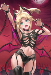 Rule 34 | 1girl, alternate costume, arm up, armpits, bare shoulders, black thighhighs, blonde hair, braid, breasts, collarbone, demon girl, demon horns, demon wings, fate/apocrypha, fate (series), french braid, green eyes, halloween costume, highres, horns, long hair, looking at viewer, mordred (fate), mordred (fate/apocrypha), navel, open mouth, parted bangs, ponytail, revision, sidelocks, small breasts, solo, stomach, teeth, thighhighs, thighs, tonee, wings