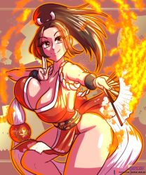 Rule 34 | 1girl, absurdres, breasts, fatal fury, fire, highres, large breasts, ponytail, shiranui mai, smile