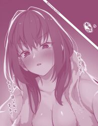 Rule 34 | 1girl, bare shoulders, blush, breasts, cleavage, collarbone, fate/grand order, fate (series), hair between eyes, highres, large breasts, long hair, looking at viewer, mitsurugi sugar, monochrome, naked towel, parted lips, purple theme, scathach (fate), towel, translation request