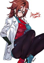 Rule 34 | 1girl, android, android 21, ashiomi masato, black-framed eyewear, black pantyhose, blue eyes, breasts, brown hair, curly hair, dragon ball, dragon ball fighterz, dress, earrings, female focus, glasses, hands in pockets, hip focus, hoop earrings, jewelry, lab coat, long hair, looking at viewer, medium breasts, multicolored clothes, multicolored dress, pantyhose, red hair, signature, solo, thighs