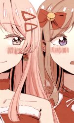 2girls bang_dream! bang_dream!_it&#039;s_mygo!!!!! blue_eyes blush bow brown_hair chihaya_anon choker closed_mouth commentary_request earrings grey_eyes hair_bow hair_ornament hairclip highres jewelry long_hair multiple_girls nagasaki_soyo open_mouth pink_hair red_bow red_choker sangdingting sidelocks simple_background strapless teeth upper_body upper_teeth_only white_background