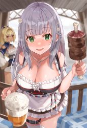 Rule 34 | 2girls, @ @, absurdres, alcohol, apron, bare shoulders, beer, beer mug, blonde hair, blunt bangs, boned meat, breasts, buckle, cleavage, collarbone, corset, cup, detached sleeves, elf, flower, food, frilled apron, frills, green eyes, hair flower, hair ornament, haru yu, highres, holding, holding cup, holding food, hololive, indoors, jewelry, large breasts, leaning forward, long hair, looking at viewer, meat, mug, multiple girls, necklace, pointy ears, puffy short sleeves, puffy sleeves, red eyes, shiranui flare, shirogane noel, shirogane noel (dirndl), short sleeves, silver hair, solo focus, thigh strap, thighhighs, virtual youtuber, waist apron, white apron, white flower, white legwear