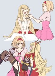 Rule 34 | 2girls, blonde hair, blush, cagliostro (granblue fantasy), collarbone, commentary request, djeeta (granblue fantasy), closed eyes, facing another, feeding, gauntlets, granblue fantasy, grey background, hairband, highres, holding, holding spoon, long hair, looking at another, multiple girls, red hairband, smile, soruna (nell), spoon, thighhighs, very long hair, yuri