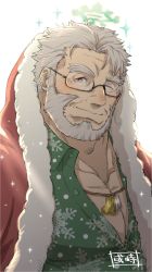 Rule 34 | 1boy, backlighting, bara, beard, black-framed eyewear, brown eyes, christmas, ded (housamo), facial hair, forked eyebrows, green shirt, halo, highres, jewelry, looking at viewer, male focus, muscular, muscular male, necklace, old, old man, one eye closed, partially unbuttoned, pectoral cleavage, pectorals, santa costume, sanwari (aruji yume), shirt, short hair, smile, solo, tokyo houkago summoners, upper body, white hair