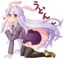 Rule 34 | 1girl, all fours, animal ears, black thighhighs, blush, heart, heart-shaped pupils, highres, long hair, looking at viewer, morochin (mo loss an), necktie, purple hair, rabbit ears, red eyes, reisen udongein inaba, revision, skirt, smile, solo, symbol-shaped pupils, thighhighs, touhou, very long hair, white background