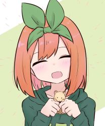 Rule 34 | 1girl, :d, ^ ^, animal, blush, closed eyes, collarbone, commentary request, eyebrows hidden by hair, facing viewer, go-toubun no hanayome, green background, green hoodie, green ribbon, hair ribbon, hands up, holding, holding animal, hood, hood down, hoodie, kujou karasuma, long sleeves, nakano yotsuba, open mouth, orange hair, ribbon, smile, solo, two-tone background, upper body, white background
