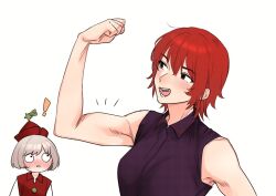 Rule 34 | !, 2girls, biceps, blush, brown hair, commentary request, horikawa raiko, looking at another, lyrica prismriver, miyamoto (dominocube6), multiple girls, open mouth, red hair, red headwear, short hair, simple background, touhou, upper body, white background