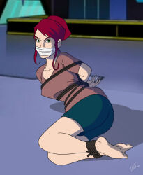 Rule 34 | 1girl, april o&#039;neil, arms behind back, ass, bdsm, bondage, bound, bound ankles, bound arms, bound wrists, breasts, daphne rebound, gag, gagged, green eyes, highres, legs, looking at viewer, medium breasts, red hair, teenage mutant ninja turtles (2003)
