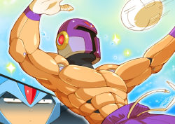 Rule 34 | 2boys, abs, android, bad link, ball, blue sky, capcom, commentary, english commentary, helmet, joints, male focus, mega man (series), mega man x (series), multiple boys, muscular, playing sports, robot joints, shaded face, sky, solo focus, tomycase, vile (mega man), volleyball, volleyball (object), x (mega man)