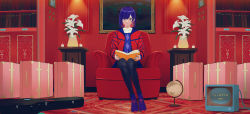 Rule 34 | 1girl, absurdres, armchair, blue hair, book, bookshelf, boots, candle, chair, collarbone, colored inner hair, earrings, flower, full body, globe, guitar case, highres, holding, holding book, indoors, instrument case, isshiki (ffmania7), jacket, jewelry, kamitsubaki studio, lily (flower), multicolored eyes, multicolored hair, open clothes, open jacket, painting (object), pantyhose, red hair, red jacket, rim (kamitsubaki studio), short hair, sitting, solo, suitcase, television, two-tone hair, vase, virtual youtuber