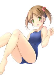 Rule 34 | 1girl, barefoot, blue one-piece swimsuit, brown hair, competition school swimsuit, green eyes, highres, looking at viewer, one-piece swimsuit, open mouth, original, school swimsuit, shibacha (shibacha 0728), short hair, simple background, solo, swimsuit, twintails, white background