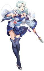 Rule 34 | 1girl, aged down, animal ears, aquaplus, arm up, blue eyes, blue hair, blue sash, boots, breasts, bright pupils, cleavage, cleavage cutout, clothing cutout, curly hair, full body, gradient eyes, gradient hair, hair over shoulder, holding, holding wand, holding weapon, japanese clothes, kimono, large breasts, leaning forward, leg up, legs together, long legs, long sleeves, looking at viewer, medium hair, mi (artist), monochrome mobius, multicolored eyes, multicolored hair, munechika, nose, off shoulder, official art, open mouth, parted bangs, raised eyebrows, sash, sidelocks, skirt, sleeveless, sleeveless kimono, solo, standing, standing on one leg, thigh boots, thighhighs, thighs, thighs together, transparent background, utawarerumono, utawarerumono: itsuwari no kamen, wand, weapon, white pupils, wide sleeves