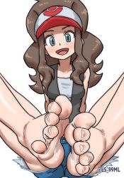 Rule 34 | 1girl, barefoot, black hair, blue eyes, blush, creatures (company), feet, foot focus, game freak, hilda (pokemon), long hair, looking at viewer, nintendo, open mouth, pokemon, pokemon bw, shorts, simple background, smile, soles, solo, toes, tsukimaru (ls 99ml), white background