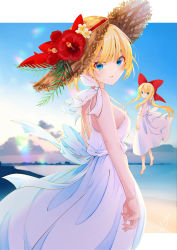 Rule 34 | 1girl, absurdres, alice margatroid, alternate costume, alternate headwear, bad id, bad pixiv id, bare arms, beach, blonde hair, blue eyes, blue sky, blurry, blush, bow, breasts, cloud, commentary, day, depth of field, dress, expressionless, fern, floating, flower, from side, hair bow, hat, hat flower, hibiscus, highres, horizon, large breasts, lens flare, long hair, looking at viewer, ocean, outdoors, parted lips, shanghai doll, short hair, sideboob, signature, sky, sleeveless, sleeveless dress, solanikieru, solo, standing, straw hat, touhou, white dress, wind