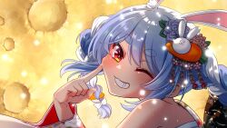 Rule 34 | 1girl, animal ears, blue hair, bow, braid, carrot hair ornament, commentary request, flower, food-themed hair ornament, grin, hair bow, hair flower, hair ornament, highres, hololive, japanese clothes, komainu channel, looking at viewer, multicolored hair, one eye closed, orange eyes, portrait, rabbit ears, rabbit girl, rabbit hair ornament, smile, solo, thick eyebrows, twin braids, two-tone hair, usada pekora, virtual youtuber, white hair, wide sleeves