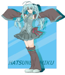 Rule 34 | 1girl, ahoge, aqua eyes, aqua hair, bare shoulders, blue eyes, blue hair, detached sleeves, e1a8eb33, hatsune miku, leg warmers, long hair, matching hair/eyes, outstretched arms, sleeves past wrists, smile, solo, twintails, very long hair, vocaloid, wide sleeves