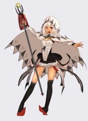 Rule 34 | 10s, 1girl, altera (fate), alternate costume, breasts, brooch, cleavage, cloak, dark-skinned female, dark skin, detached sleeves, fate/extella, fate/extra, fate/grand order, fate (series), full-body tattoo, full body, headdress, highres, holding, holding weapon, hood, i-pan, jewelry, legs, magical girl, open mouth, photon ray (fate), red eyes, red footwear, short hair, simple background, skirt, small breasts, socks, solo, staff, tan, tattoo, weapon, white hair, white skirt