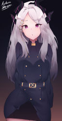 Rule 34 | 1girl, absurdres, black thighhighs, blue archive, blush, breasts, cleavage, coat, coat on shoulders, gloves, hair ornament, hairclip, halo, highres, hina (blue archive), horns, long hair, looking at viewer, military, military uniform, multiple horns, open mouth, purple eyes, resolution mismatch, self-upload, skirt, solo, solod, source smaller, thighhighs, uniform, white hair