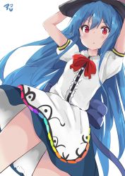 Rule 34 | 1girl, :o, amano kouki, apron, arms up, bare arms, black hat, blue hair, blue ribbon, blue skirt, blush, buttons, collared shirt, commentary request, cowboy shot, dutch angle, frilled shirt, frills, hair between eyes, hat, highres, hinanawi tenshi, long hair, looking at viewer, neck ribbon, parted lips, puffy short sleeves, puffy sleeves, red eyes, red ribbon, ribbon, sanpaku, shirt, short sleeves, sidelocks, simple background, skirt, solo, thighs, touhou, v-shaped eyebrows, very long hair, white background, white shirt, wind, wind lift