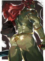 Rule 34 | 1boy, absurdres, armlet, ass, ass focus, bara, barayot, beard, colored skin, facial hair, feet out of frame, from behind, frown, ganondorf, gold, green skin, highres, holding, holding sword, holding weapon, huge eyebrows, long hair, looking at viewer, looking back, male focus, mature male, muscular, muscular male, nintendo, nude, official alternate costume, orange hair, painterly, shiny skin, solo, sword, tattoo, the legend of zelda, the legend of zelda: tears of the kingdom, thick eyebrows, thick thighs, thighs, triceps, undressing, weapon, wrinkled skin