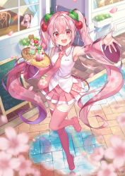 Rule 34 | 1girl, absurdres, armpits, boots, cherry hair ornament, detached sleeves, food-themed hair ornament, hair ornament, hatsune miku, highres, long hair, looking at viewer, necktie, open mouth, outstretched arm, pink eyes, pink footwear, pink hair, pink thighhighs, pleated skirt, sakura miku, sakura shiori, skirt, solo, thigh boots, thighhighs, twintails, very long hair, vocaloid