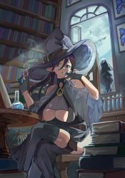 Rule 34 | 1girl, absurdres, bare shoulders, beaker, bird, birdcage, book, bookshelf, breasts, cage, chair, cleavage cutout, clothing cutout, commentary request, crossed legs, crow, flask, gloves, hair between eyes, hat, highres, indoors, kamekichi (6969), large breasts, long hair, mole, mole under eye, moon, night, night sky, open mouth, open window, original, partially fingerless gloves, pointy ears, purple eyes, purple hair, round-bottom flask, shoulder cutout, side slit, sitting, sky, smoke, table, test tube, thighhighs, thighlet, underboob, underboob cutout, window, witch hat