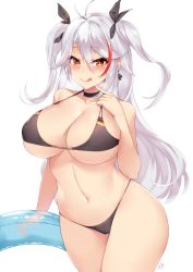 Rule 34 | 1girl, azur lane, bikini, blush, breasts, choker, cleavage, collarbone, commentary request, cross, earrings, feet out of frame, finger to mouth, innertube, iron cross, jewelry, kuavera, large breasts, licking lips, lips, long hair, mole, mole on breast, multicolored hair, navel, orange eyes, prinz eugen (azur lane), prinz eugen (unfading smile) (azur lane), signature, solo, streaked hair, swim ring, swimsuit, tongue, tongue out, twintails, two side up, very long hair, white background, white hair