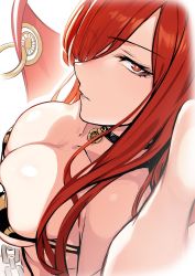 Rule 34 | 1girl, bikini, breasts, cape, chain, cleavage, collar, commentary request, evan yang, eyes visible through hair, fate/grand order, fate (series), highres, large breasts, lips, long hair, looking at viewer, looking to the side, nose, oda nobunaga (fate), oda nobunaga (koha-ace), oda nobunaga (maou avenger) (fate), parted lips, red eyes, red hair, solo, strapless, strapless bikini, swimsuit, very long hair