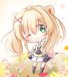 Rule 34 | 1girl, ;3, ascot, black ascot, black socks, blonde hair, blurry, blurry background, blush, chibi, closed mouth, commentary request, falling petals, flower, green eyes, hair between eyes, hair intakes, hair ornament, highres, kneehighs, long hair, looking at viewer, miniskirt, one eye closed, petals, pink flower, puffy short sleeves, puffy sleeves, red flower, sailor collar, school uniform, short sleeves, sidelocks, signature, simple background, skirt, smile, socks, solo, summer pockets, sweater vest, tareme, tsumugi wenders, twintails, utuigawa, white background, white sailor collar, white skirt, x hair ornament, yellow flower, yellow sweater vest