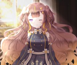 Rule 34 | 1girl, absurdres, anya melfissa, black dress, blonde hair, blush, breasts, brown hair, detached sleeves, dress, hair ornament, highres, hololive, hololive indonesia, holoro, huge filesize, long hair, looking at viewer, medium breasts, multicolored hair, nanae lia, one eye closed, open mouth, purple eyes, solo, two side up, virtual youtuber