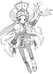 Rule 34 | 1girl, ankle boots, boots, breasts, closed mouth, full body, greyscale, hat, holding, holding staff, loincloth, long sleeves, looking back, monochrome, outstretched arm, pantyhose, pointing, satou atsuki, shinrabanshou, skirt, small breasts, smile, solo, staff, standing, terasu (shinrabanshou)