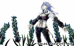 Rule 34 | 10s, 1girl, breasts, cleavage, colored skin, detached sleeves, final fantasy, final fantasy xiv, flower, grey skin, grin, long hair, midriff, navel, ni-chan, outstretched arms, pants, red eyes, roegadyn, silver hair, smile, spread arms, square enix, warrior of light (ff14)