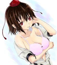 Rule 34 | 1girl, arm up, bare shoulders, black hair, bra, breasts, cl (h-sys.), cleavage, condom, condom in mouth, hat, looking at viewer, mouth hold, open clothes, open shirt, pink bra, puffy sleeves, red eyes, shameimaru aya, shirt, short hair, short sleeves, simple background, smile, solo, strap slip, string, tokin hat, touhou, underwear